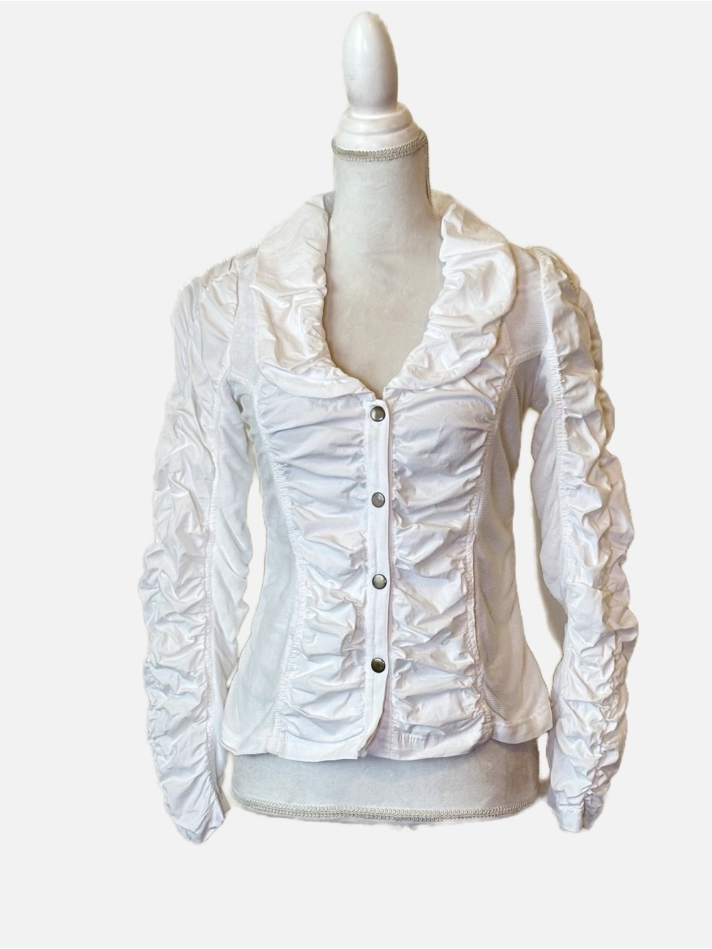 XCVI White Ruched Snap-Down Jacket/Blouse Size Small Victorian Edwardian